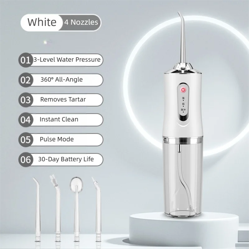 White Cordless Water Flosser, USB Rechargeable with 4 Tips