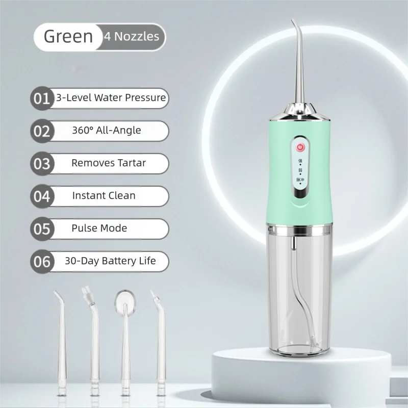 Green Cordless Water Flosser, USB Rechargeable with 4 Tips