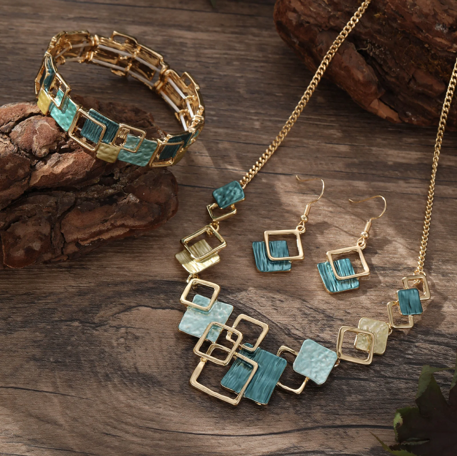 Geometric Inlay Earrings Necklace Bracelet Jewelry Set × 2 – Peacock Green & Light Green