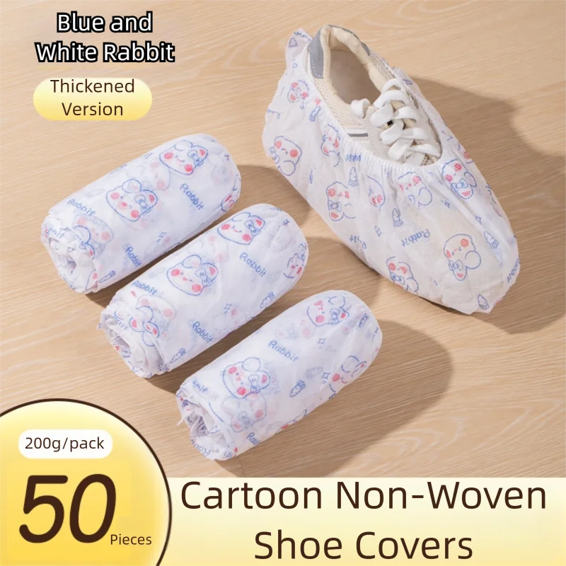 50 Pieces Thickened Non-Woven Disposable Shoe Covers (Blue Rabbit) – Universal Fit (EU Size 34-45) for Guests & Floor Protection