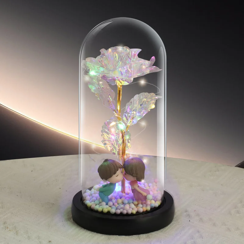 Kissing Couple Figurine Colorful Rose LED Light – Anniversary Flower Gift in Glass Dome for Her, Mom, or Girlfriend