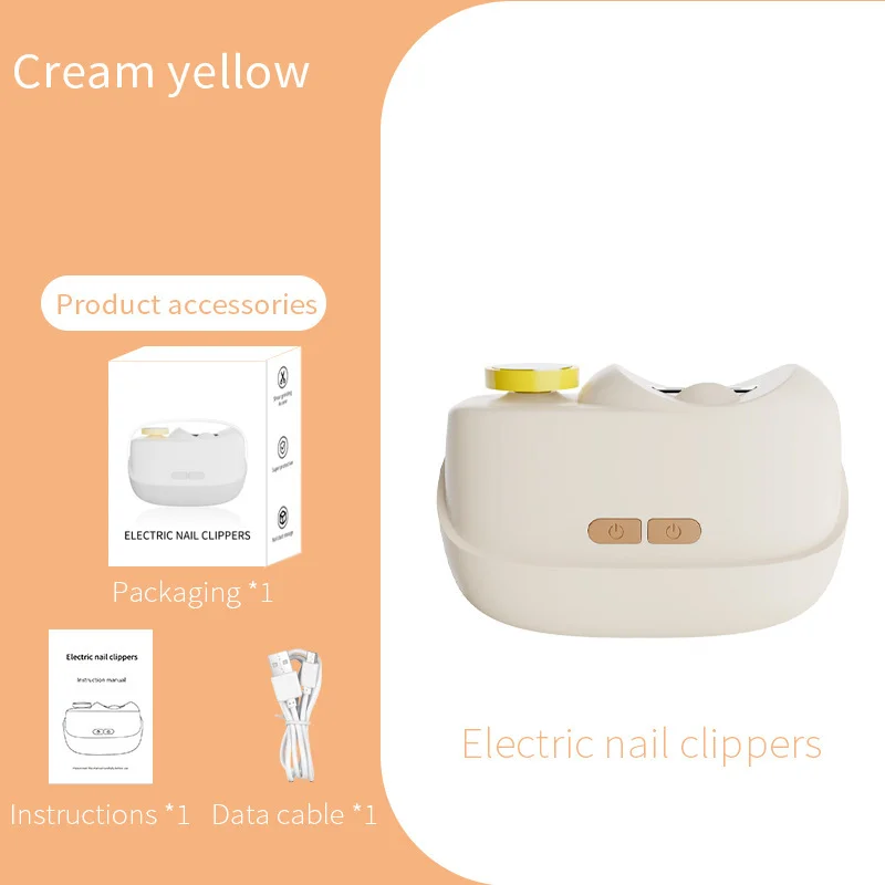 Cream yellow Electric Nail Clipper and Grinder 2-in-1 Automatic Nail Trimmer with LED Light Rechargeable Manicure Tool for Babies Adults and Seniors