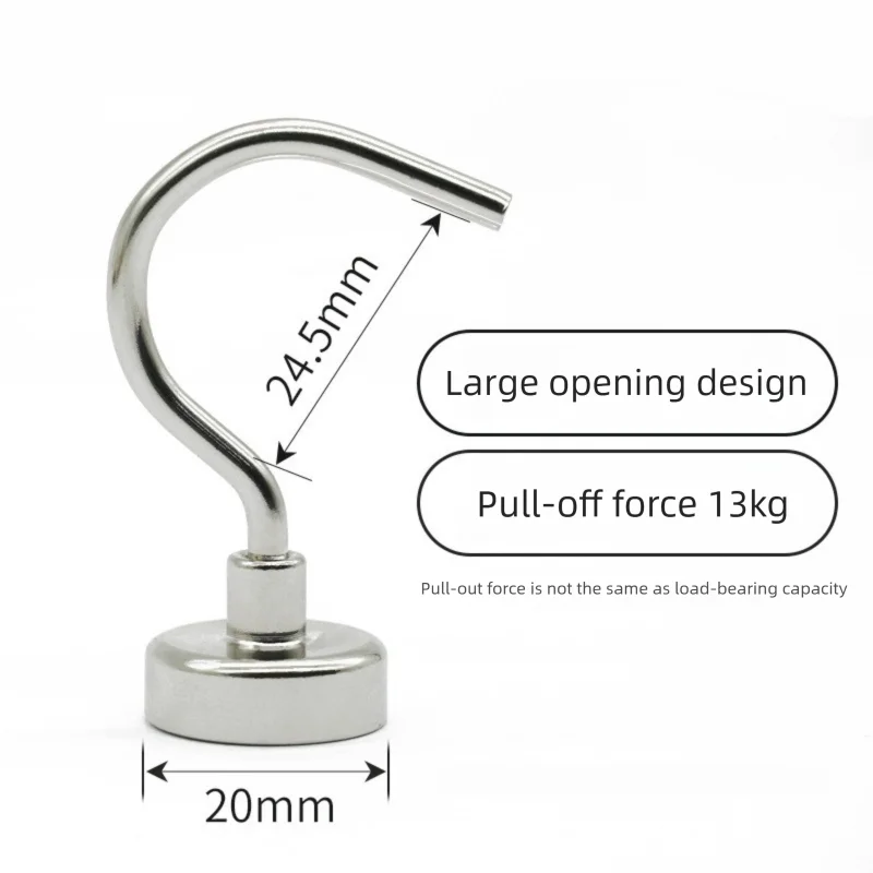 Neodymium Magnetic Hooks 20mm Base Large Open Mouth Hanger Heavy Duty Magnet for Fridge Kitchen BBQ Grill Utensils and Keys Silver