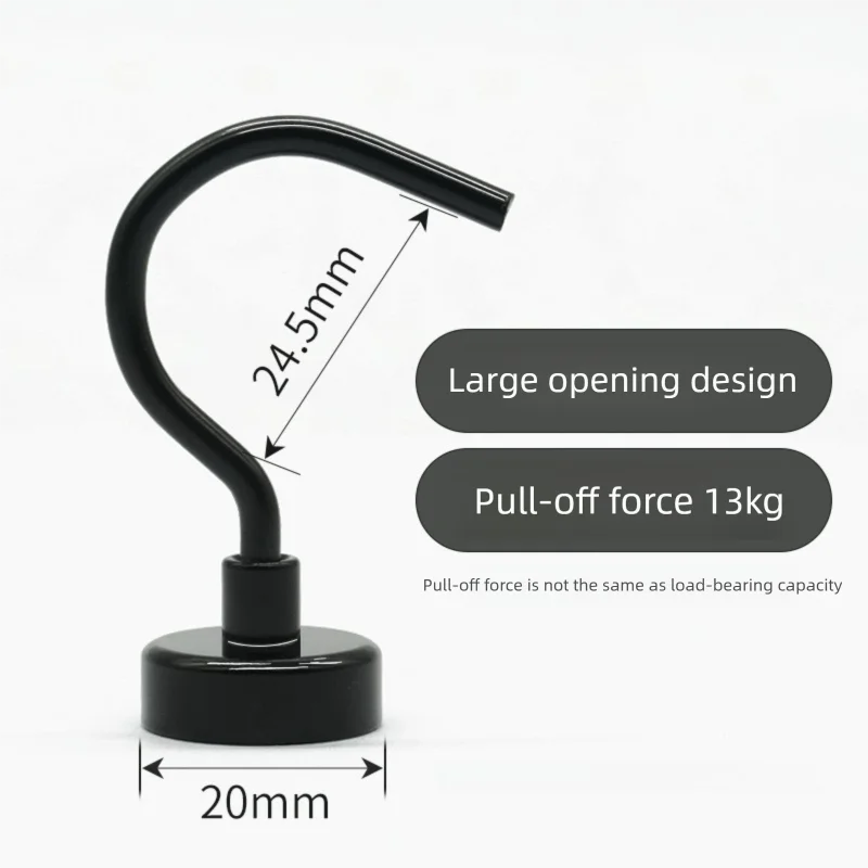 Neodymium Magnetic Hooks 20mm Base Large Open Mouth Hanger Heavy Duty Magnet for Fridge Kitchen BBQ Grill Utensils and Keys Black