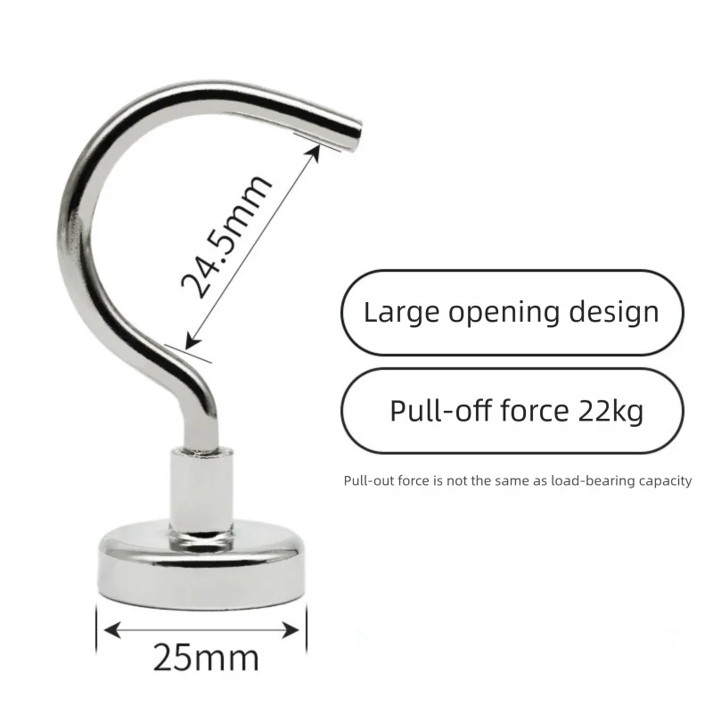 Neodymium Magnetic Hooks 25mm Base Large Open Mouth Hanger Heavy Duty Magnet for Fridge Kitchen BBQ Grill Utensils and Keys Silver