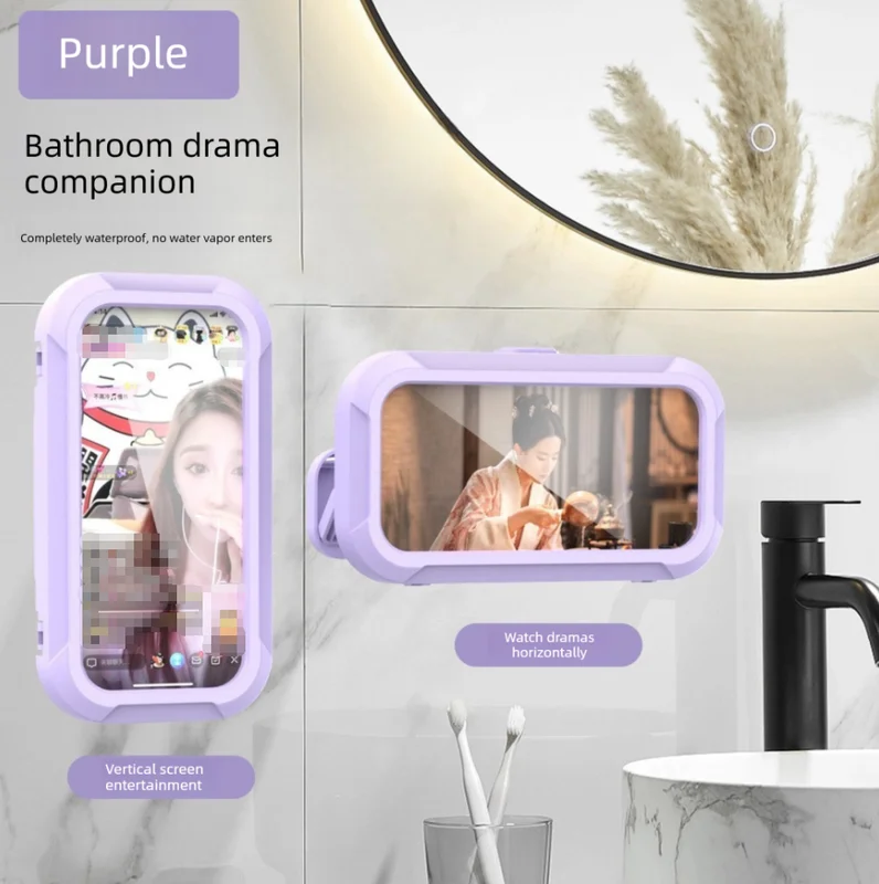 Waterproof Shower Phone Holder Purple Wall Mount - 360° Rotating Retractable Anti-Fog Touch Screen Case for Bathroom & Kitchen - Fits Phones up to 6.8 Inch