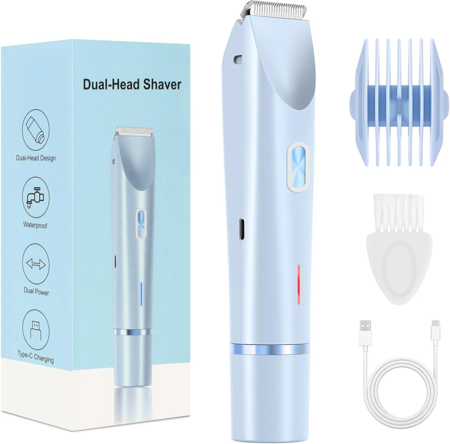 2-in-1 Electric Lady Shaver & Bikini Trimmer Dual Head Waterproof Wet & Dry Body Hair Remover Cordless Razor for Face Legs Underarms Blue