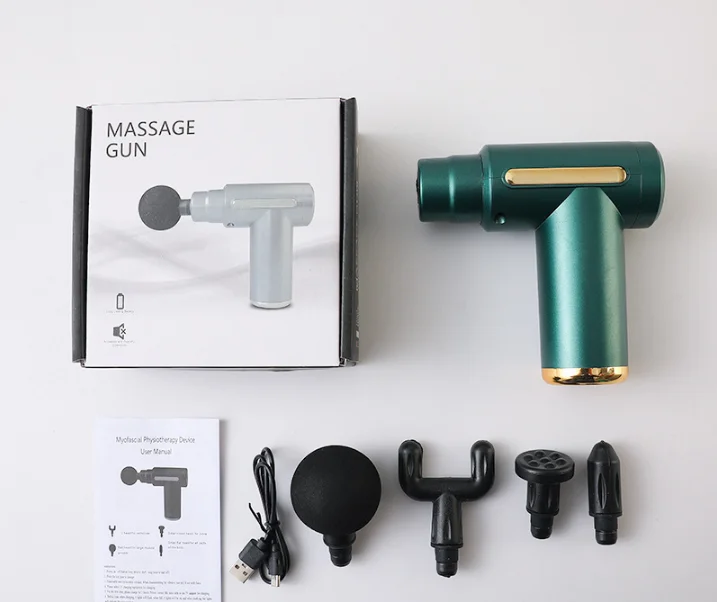 Mini Massage Gun Deep Tissue Percussion Muscle Massager Portable Handheld Quiet 6 Speeds 4 Heads Type-C Charging Electric Body Relaxer Tool Green