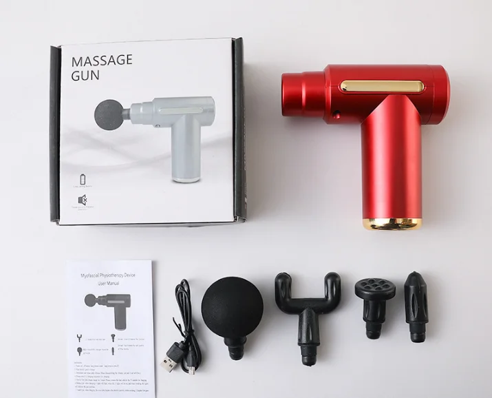 Mini Massage Gun Deep Tissue Percussion Muscle Massager Portable Handheld Quiet 6 Speeds 4 Heads Type-C Charging Electric Body Relaxer Tool Red