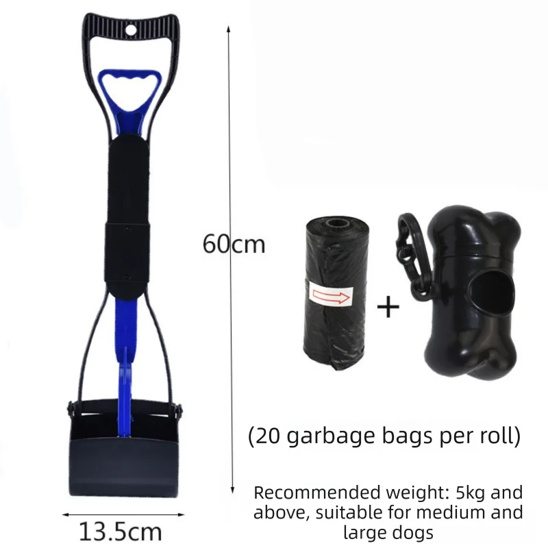 Large Foldable Pet Pooper Scooper 60cm Long Handle Dog Waste Picker Jaw Clamp with Bone Dispenser & Bags Blue