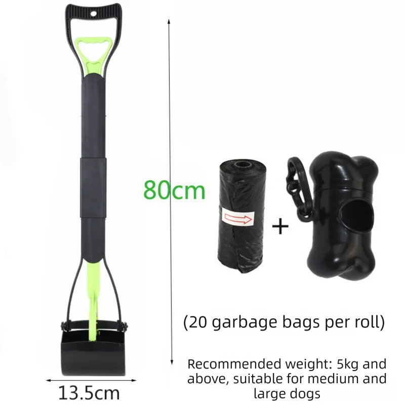 Super Long 80cm Foldable Pet Pooper Scooper Heavy Duty Dog Waste Picker No Bending Jaw Clamp with Dispenser & Bags Green