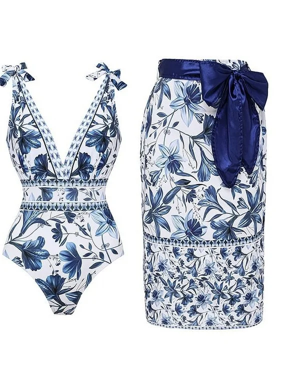 XXL Size Blue Print Women's Sexy One-Piece Swimsuit Set With Matching Wrap Skirt - European/American Style Bikini with Built-in Pads