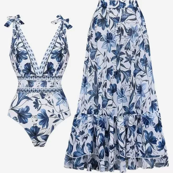XL Size Blue Print Women's Sexy One-Piece Swimsuit Set With Matching Long Dress - European/American Style Bikini with Built-in Pads
