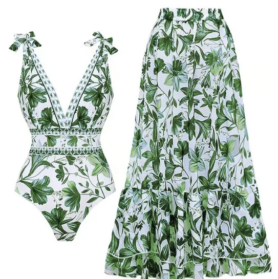 L Size Green Print Women's Sexy One-Piece Swimsuit Set With Matching Long Dress - European/American Style Bikini with Built-in Pads