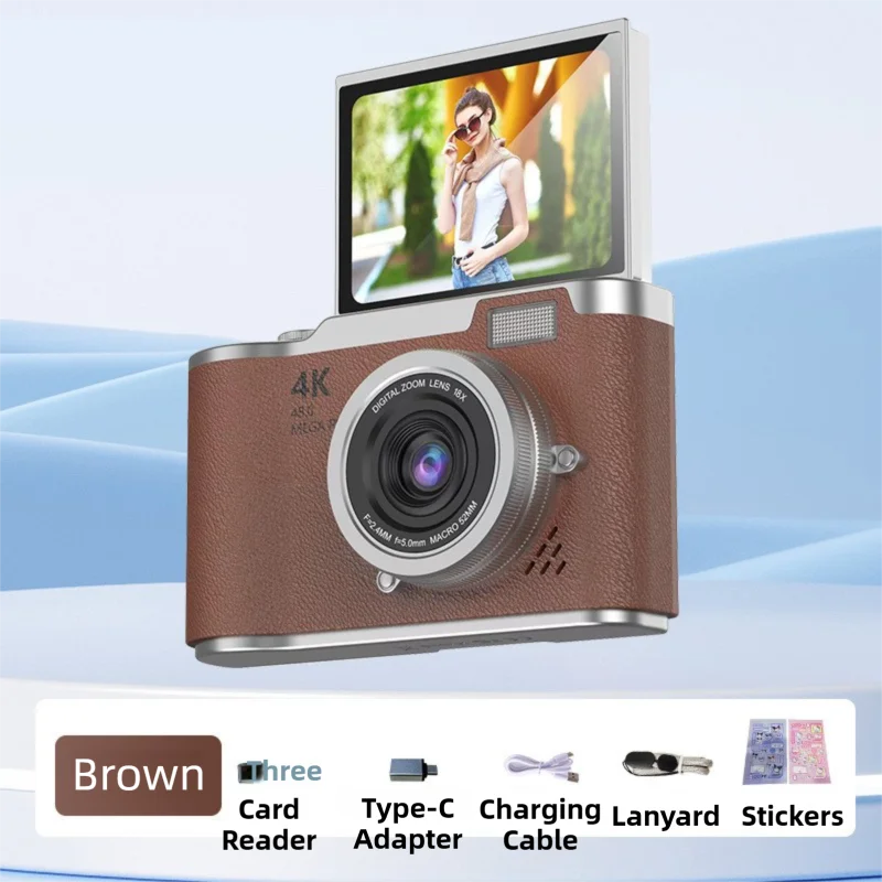 Brown 4K Compact Digital CCD Camera for Vlogging & Students - Portable Point and Shoot with 2.4-inch Rotating Screen, 8X Optical Zoom, and Anti-Shake