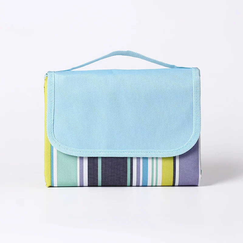 Blue Striped Foldable Waterproof & Moisture-Proof Picnic Blanket 150x100CM - 600D Three-Layer Composite Oxford Extra Large Mat for Beach & Camping