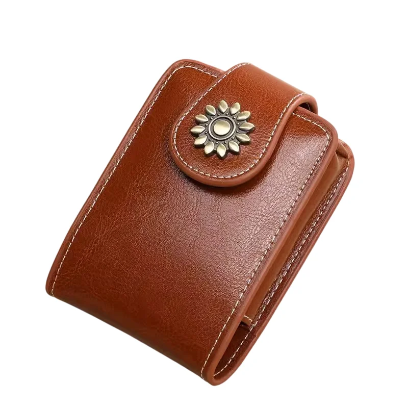 Brown Sleek Compact PU Leather Flap-Top Lip Gloss Organizer with Built-in Mirror