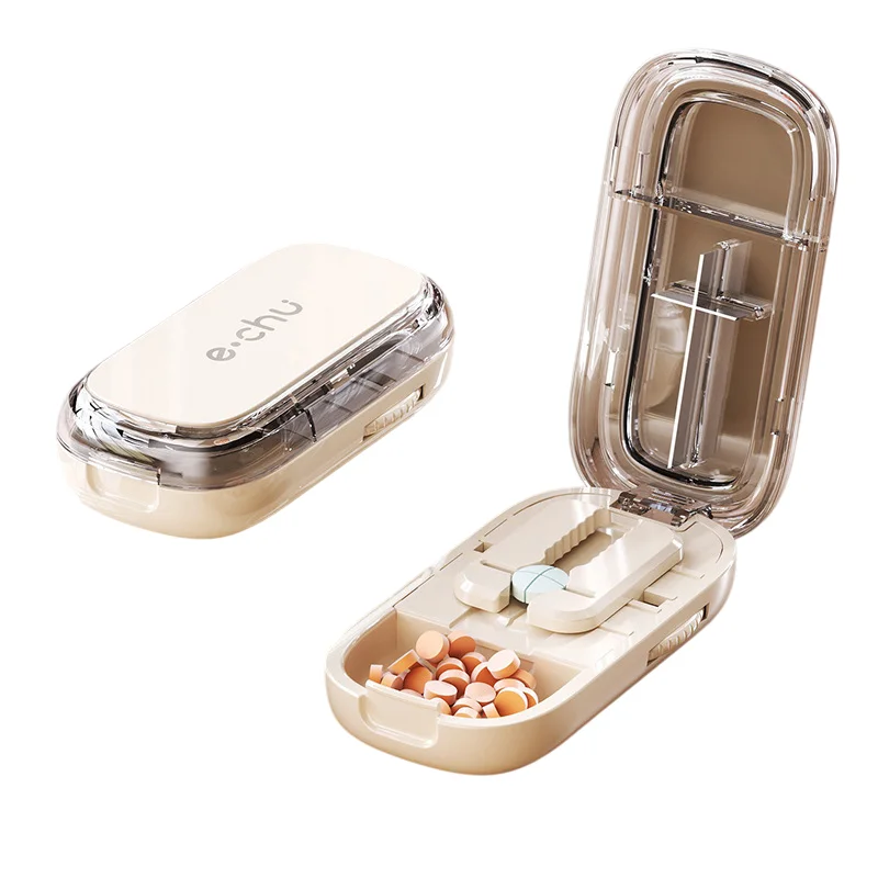 Beige Portable Mini Pill Organizer with 1/2 & 1/4 Precision Cutter - 3-Compartment Daily Travel Medicine Case with Rolling Knob Lock
