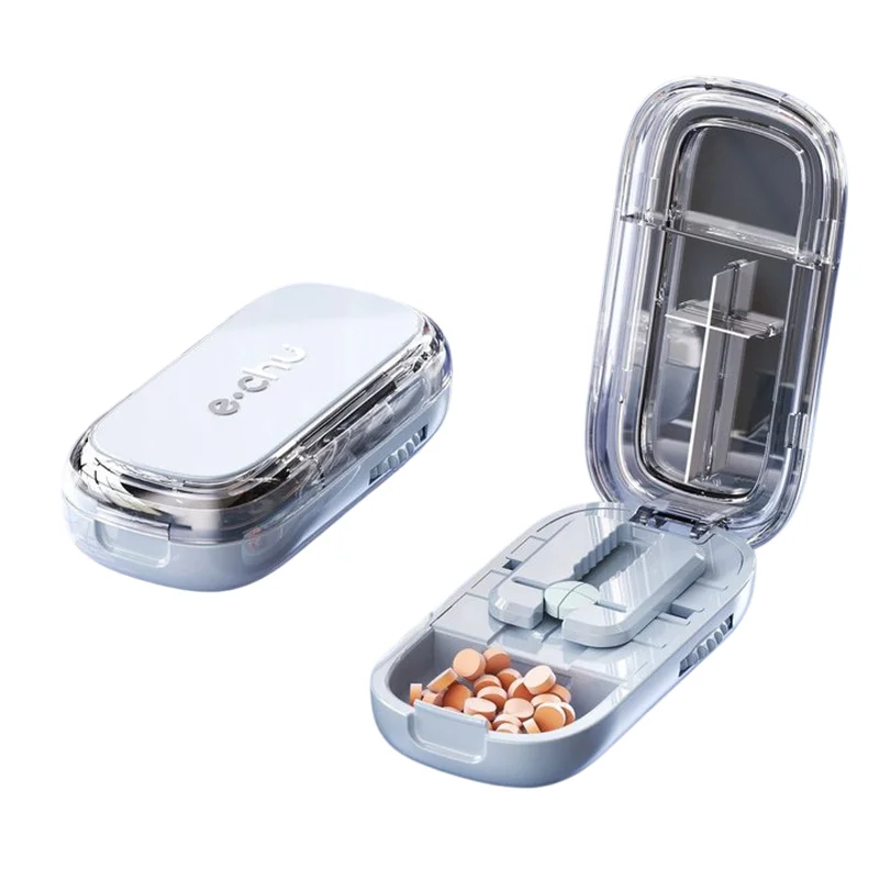 Blue Portable Mini Pill Organizer with 1/2 & 1/4 Precision Cutter - 3-Compartment Daily Travel Medicine Case with Rolling Knob Lock
