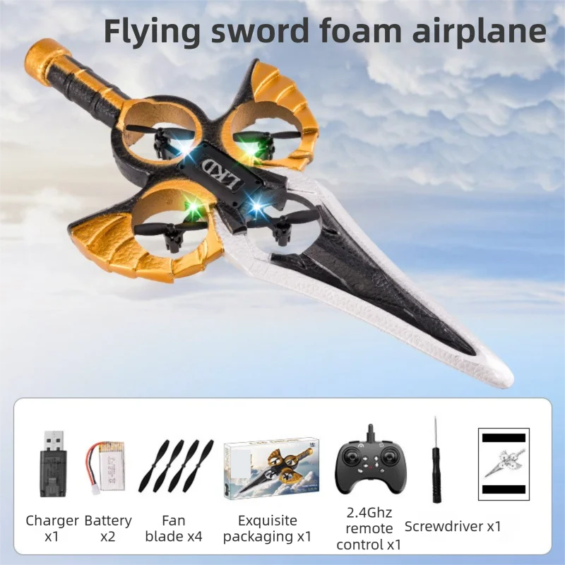 L36 Remote Control Flying Stunt Sword with 360° Flip & One-Key Takeoff - Fully Guarded Propellers and LED Night Lights for Safety & 4-Turbofan High Power Motor (2 Battery Included)