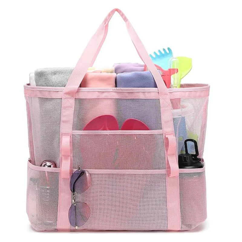 2-PCS Pink Mesh Beach Tote Bag – Large Capacity Swim Gear Organizer with Multiple Pockets for Shoes, Swimsuits, and Essentials