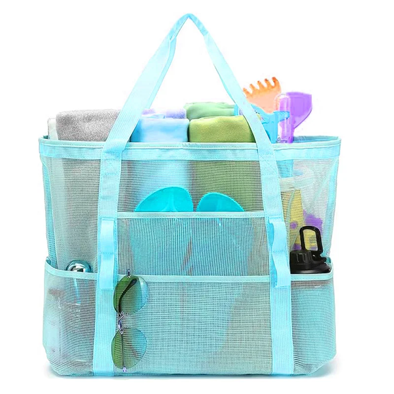 2-PCS Sky blue Mesh Beach Tote Bag – Large Capacity Swim Gear Organizer with Multiple Pockets for Shoes, Swimsuits, and Essentials