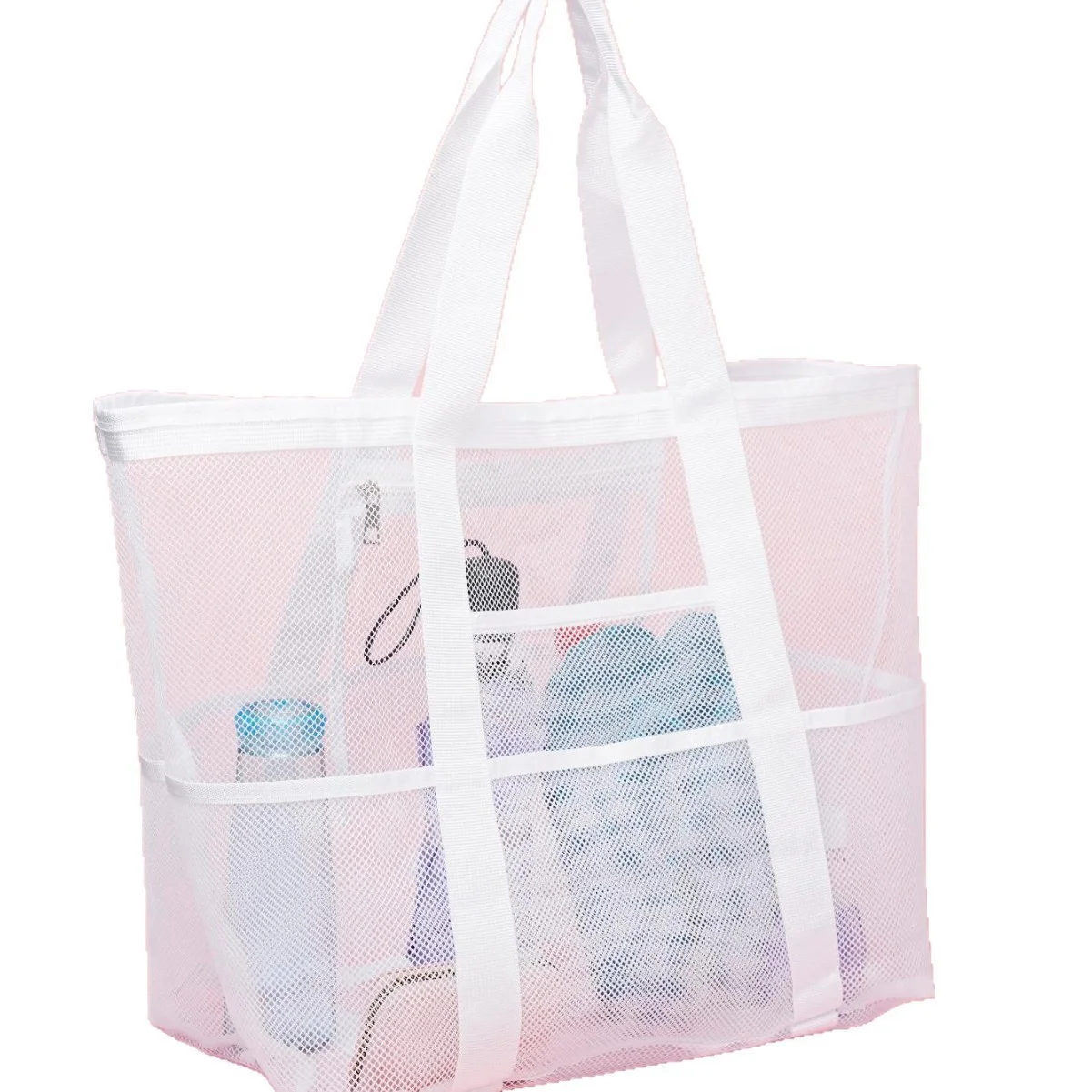 2-PCS White Mesh Beach Tote Bag – Large Capacity Swim Gear Organizer with Multiple Pockets for Shoes, Swimsuits, and Essentials