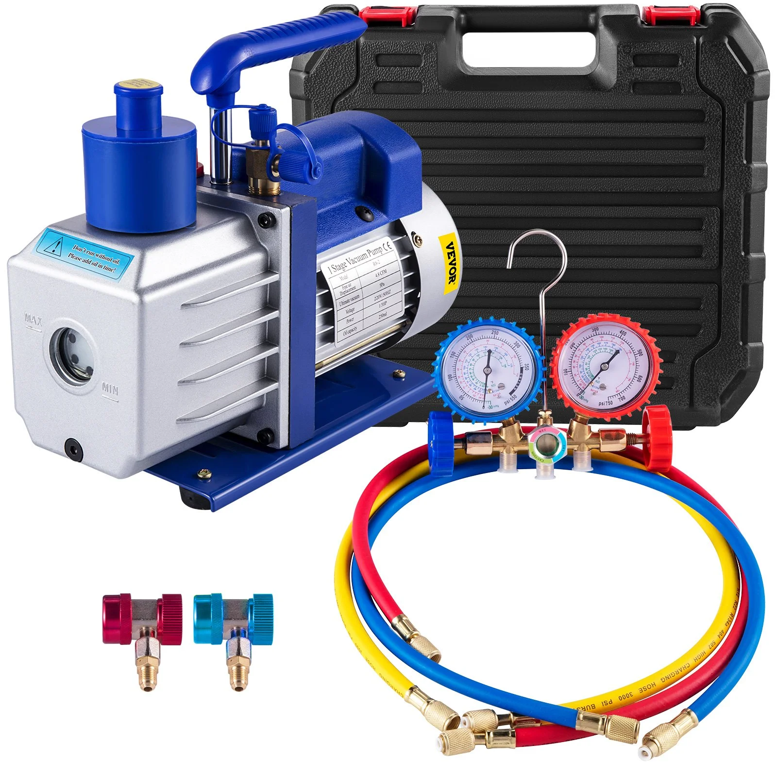 VEVOR Vacuum Pump 4.8CFM 1/3HP Air Vacuum Pump HVAC A/C Air Refrigerant Rotary Vane Vacuum Pump Single Stage 4 Valve AC Manifold Gauge Set (4.8CFM1/3HP)