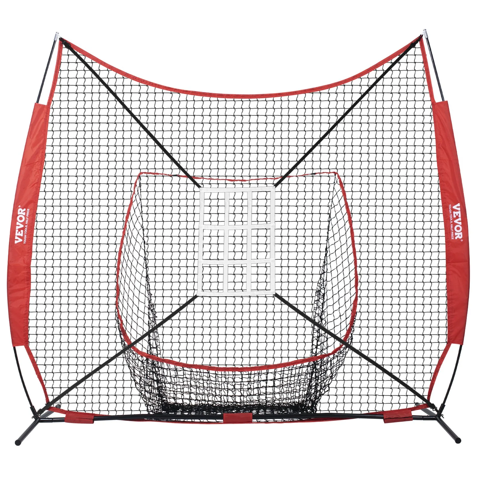 VEVOR 7x7 ft Baseball Softball Practice Net, Portable Baseball Training Net for Hitting Catching Pitching, Backstop Equipment with Bow Frame, Carry Bag, Strike Zone, 12 Balls, Tee, and Ball Collector