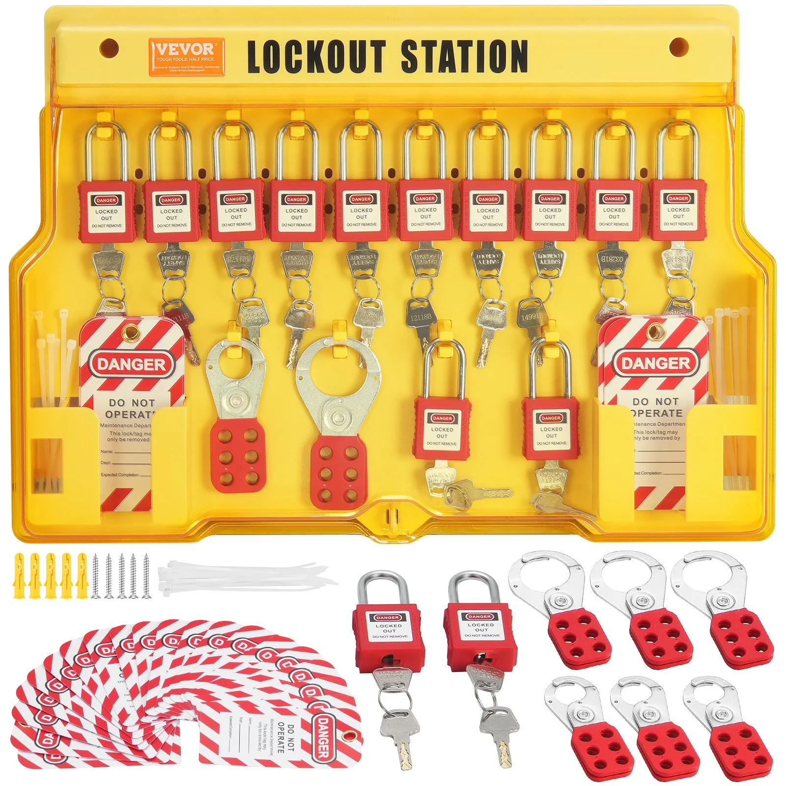VEVOR Electrical Lockout Tagout Kit, 60 PCS Safety Lockout Tagout Station Includes Padlocks, Hasps, Tags, Nylon Ties, Expansion Kit, and Lockout Station Board, for Industrial, Electric Power