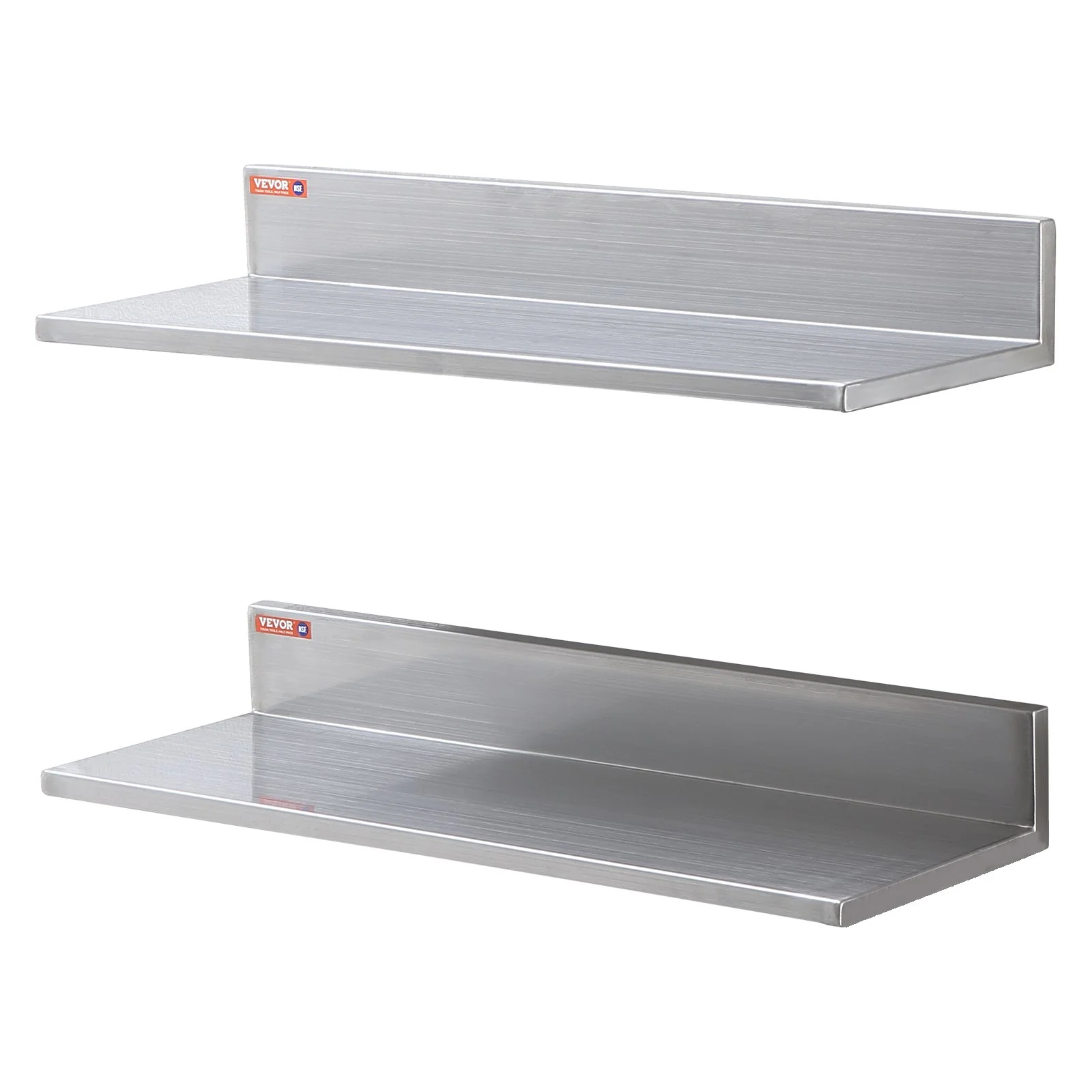 VEVOR 8.6" x 24" Stainless Steel Shelf, Wall Mounted Floating Shelving with Backsplash, 44 lbs Load Capacity Commercial Shelves, Heavy Duty Storage Rack for Restaurant, Kitchen, Bar, Home, and Hotel (2 Packs)