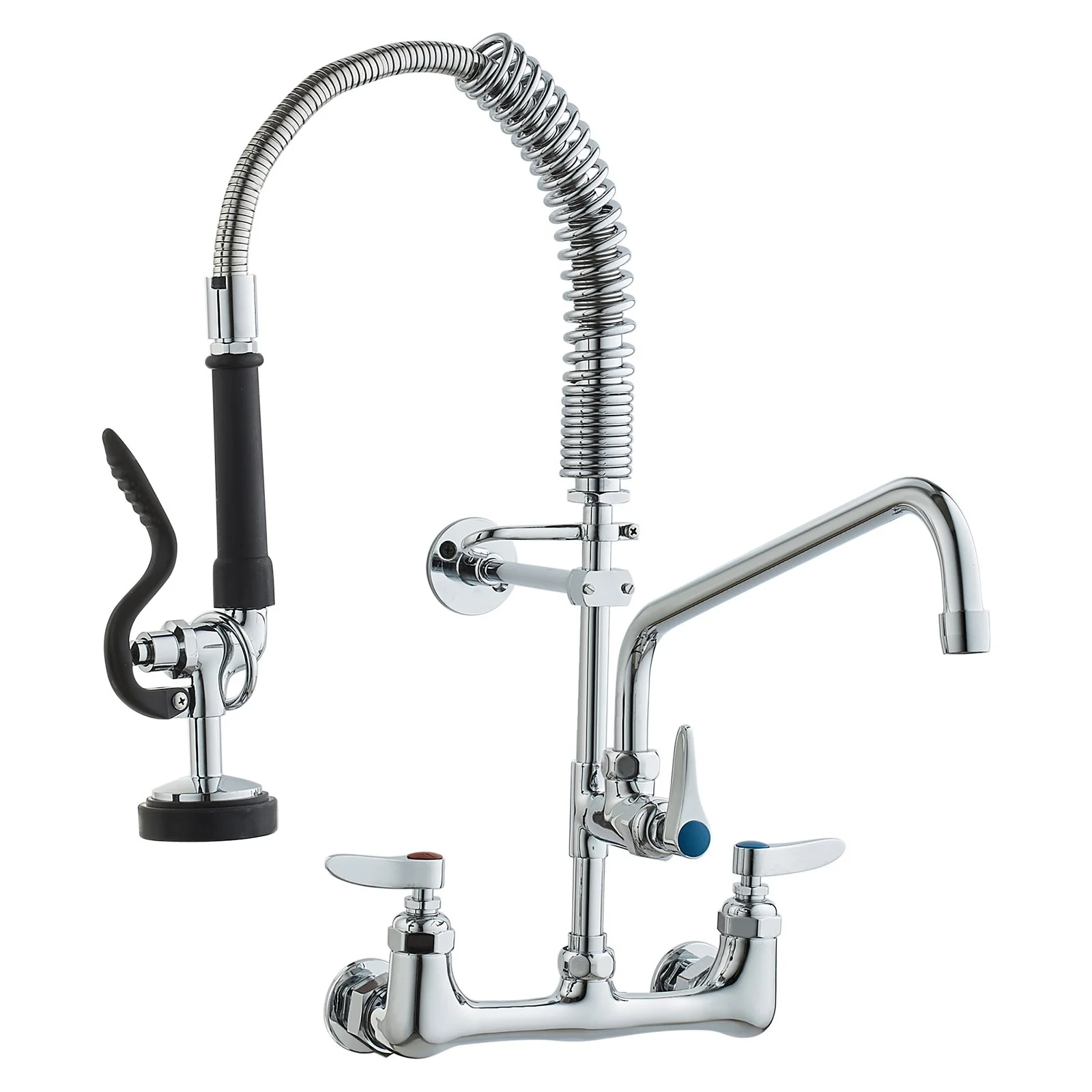 VEVOR Commercial Faucet with Pre-Rinse Sprayer, 21" Height, 8" Center, 12" Swing Spout, Wall Mount Kitchen Sink Faucet, Brass Constructed Device with Pull Down Spray, for 1/2/3 Compartment Sink