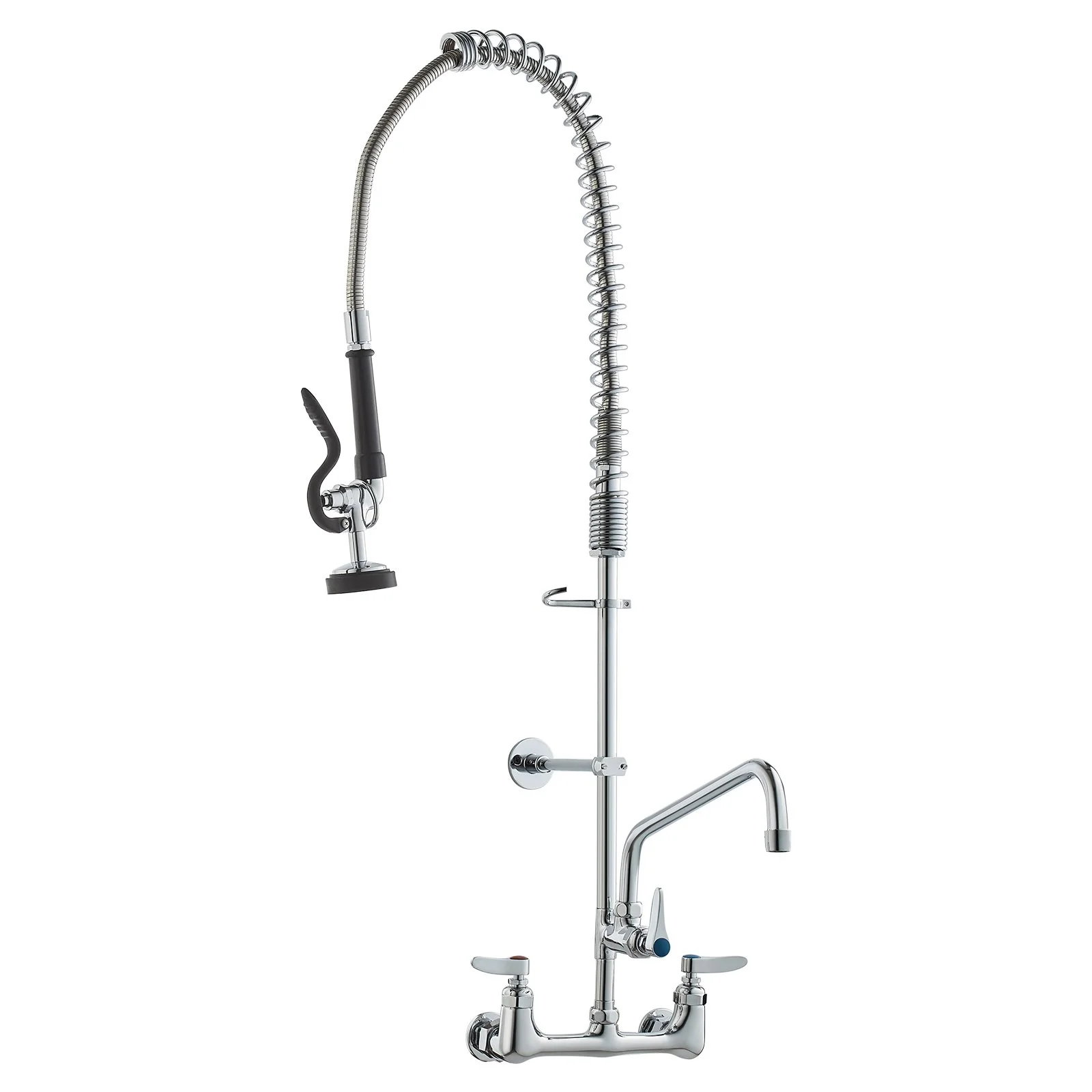 Commercial Faucet with Pre-Rinse Sprayer, 36" Height, 8" Center, 12" Swing Spout, Wall Mount Kitchen Sink Faucet, Brass Constructed Device with Pull Down Spray, for 1/2/3 Compartment Sink