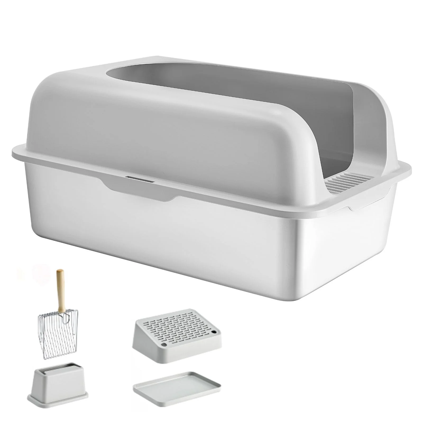 Cat Litter Box, 152 mm Deep, XL Extra Large Stainless Steel Cat Litter Box with Scoop, Wide Filtering Foot Board & High Sides, Enclosed Odor-Free Easy-to-Clean Litter Box, Fit for Big Cats