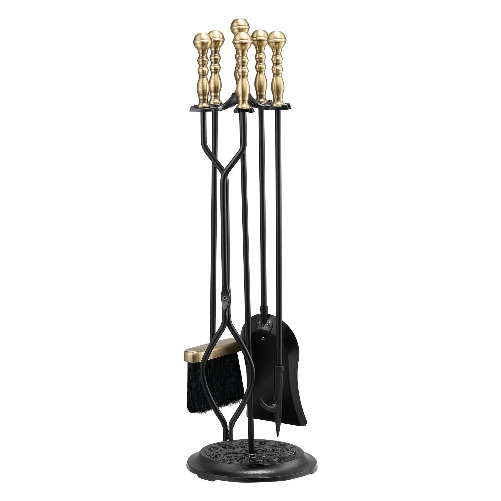 Fireplace Tool Set, 5 PCS Fire Tool Set and Holder with Five-Prong Stand, Tongs, Ash Shovel, Brush, Fire Place Poker, Wrought Iron Fireplace Accessories for Indoor/Outdoor, Black & Brass