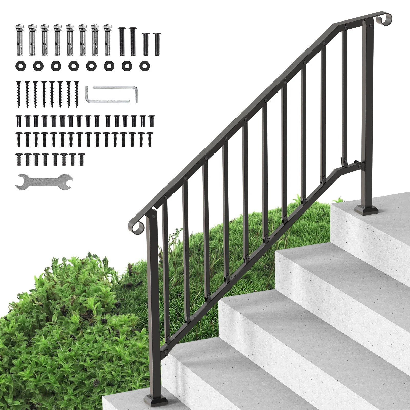 VEVOR Handrails for Outdoor Steps, 5 Step Stair Hand Rail Kit, Transitional Carbon Steel Railings with Installation Kit, Stair Rails for Seniors, Concrete Steps & Porch & Deck, Black Retro Arch