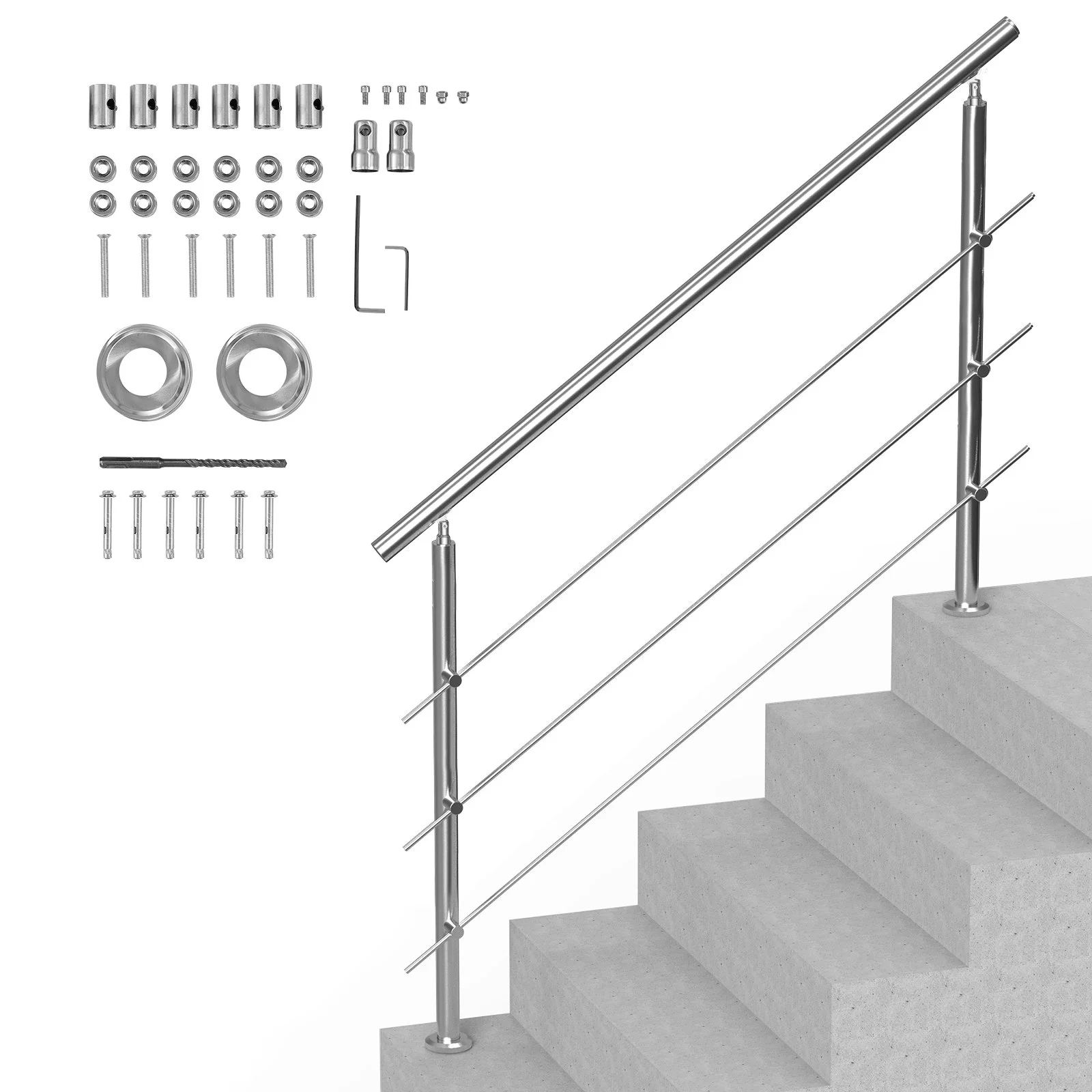 Handrails for Outdoor Steps, 59 in Length 3 Crossbars Stair Hand Rail Kit, Transitional Stainless Steel Railings w/ Installation Kit, Double-column Staircase Handrails for Seniors,Porch & Deck