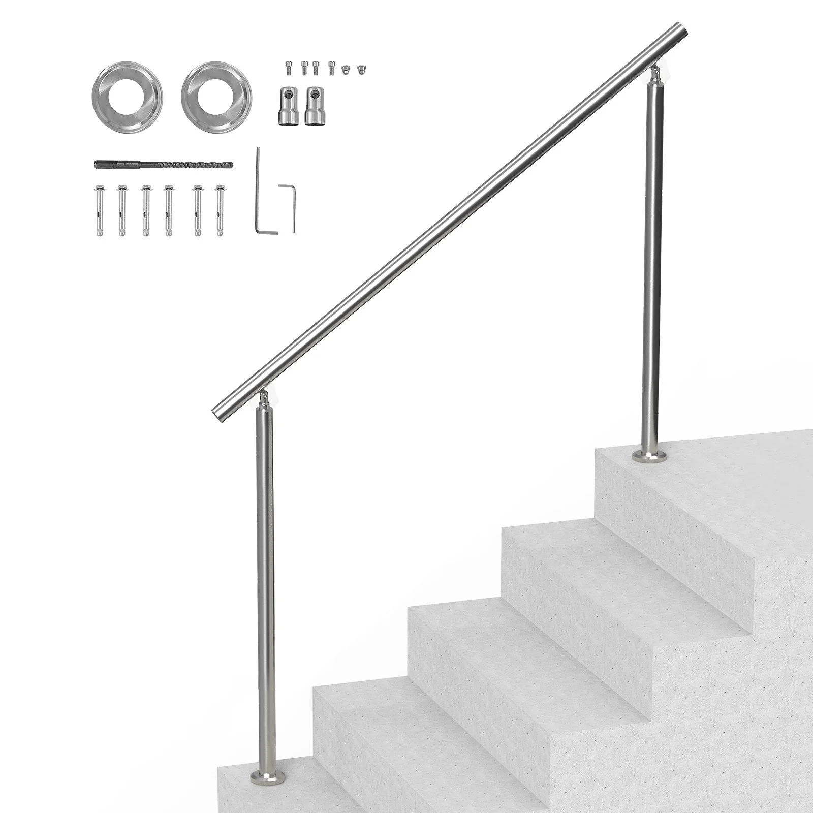 VEVOR Handrails for Outdoor Steps, 59 in/ 150cm Length Stair Hand Rail Kit, Transitional Stainless Steel Railings with Installation Kit, Double-column Staircase Handrails for Seniors,Porch & Deck
