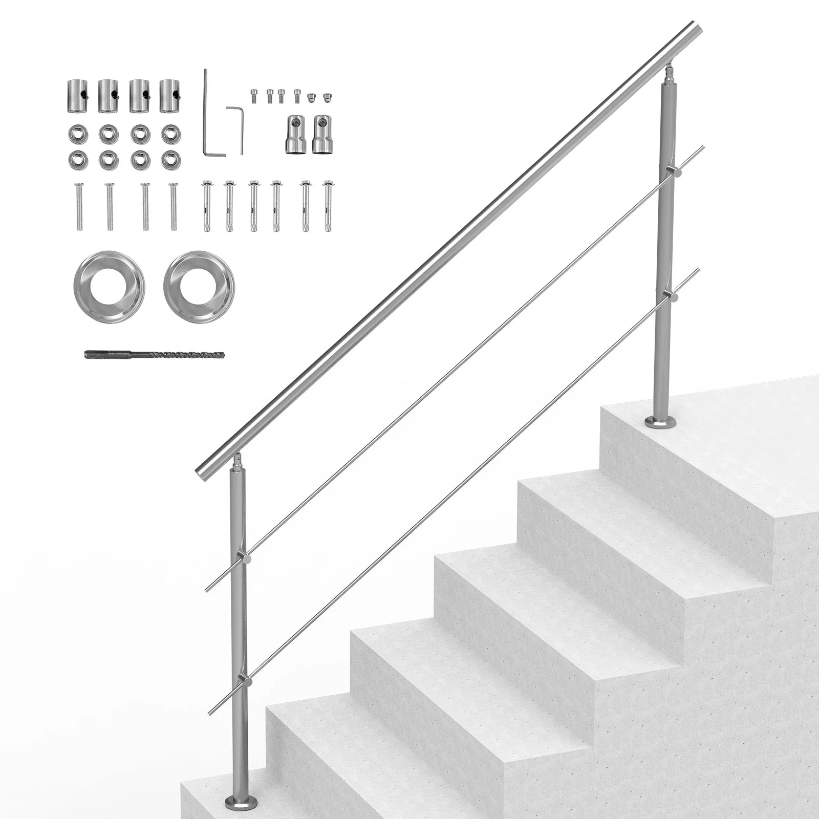 Handrails for Outdoor Steps, 70.9in Length 2 Crossbars Stair Hand Rail Kit, Transitional Stainless Steel Railings w/ Installation Kit, Double-column Staircase Handrails for Seniors,Porch & Deck