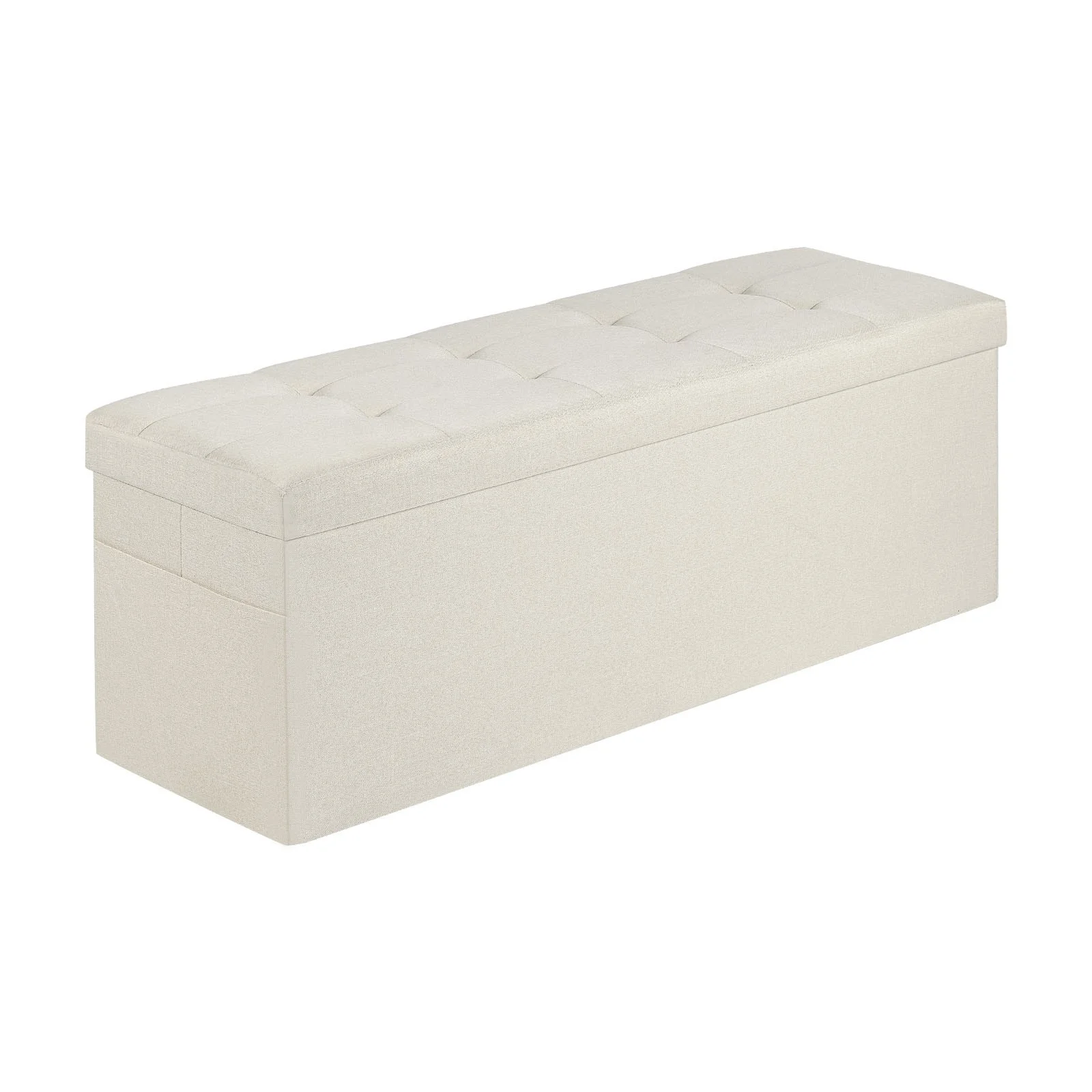 Foldable Storage Ottoman Bench, End of Bed Bench with Side Bags, Folding Upholstered Storage Chest Supports 660 lbs, Linen Bed Ottoman with Large Space for Living Room, Bedroom, Entryway, Beige