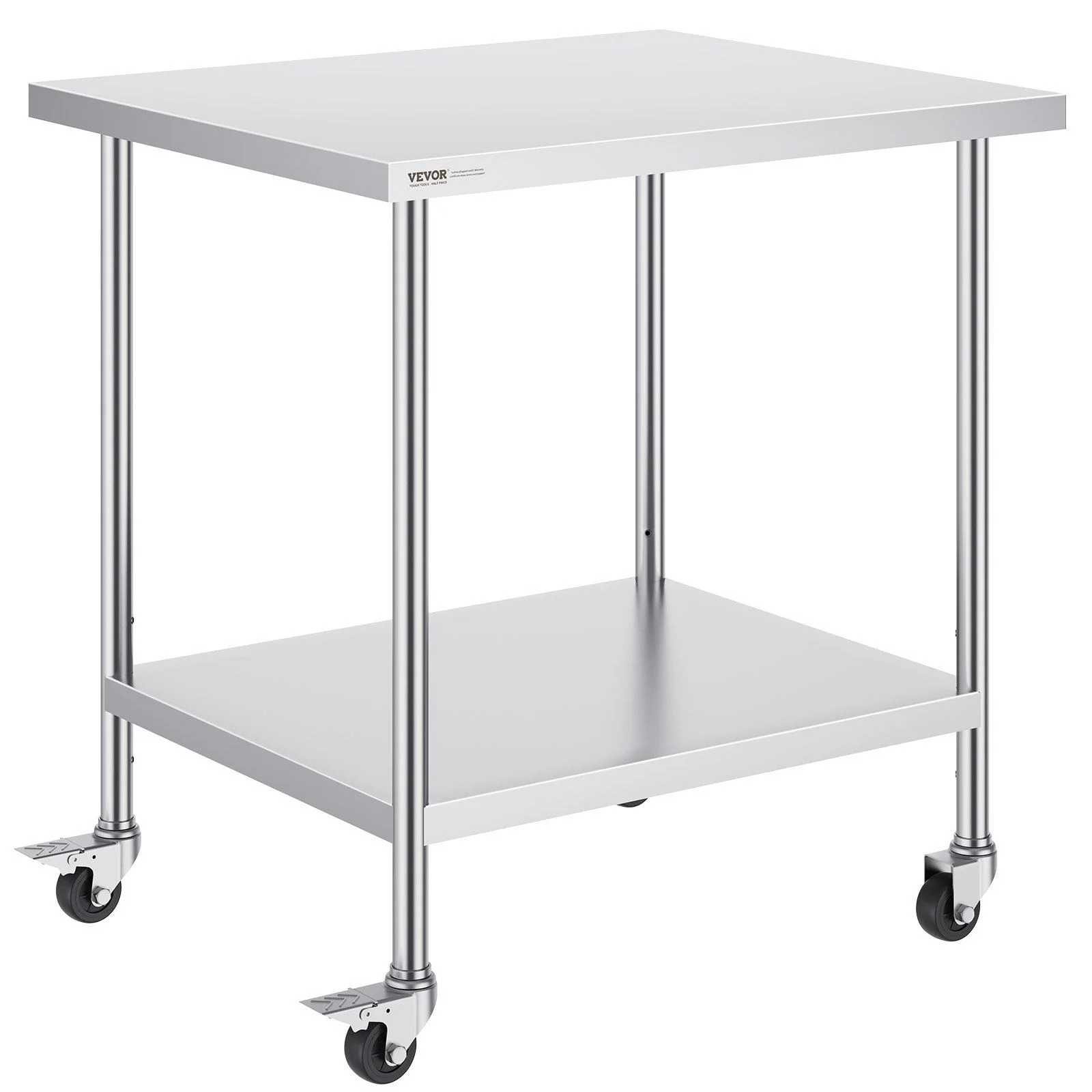 Stainless Steel Work Table 30 x 18 x 38 Inch, with 4 Wheels, 3 Adjustable Height Levels, Heavy Duty Food Prep Worktable for Commercial Kitchen Restaurant, Silver