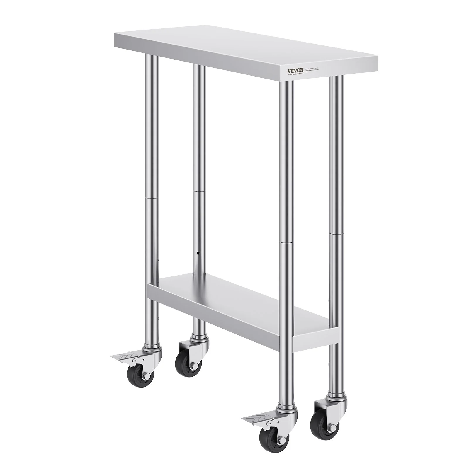 VEVOR Stainless Steel Work Table 30 x 12 x 38 Inch, with 4 Wheels, 3 Adjustable Height Levels, Heavy Duty Food Prep Worktable for Commercial Kitchen Restaurant, Silver