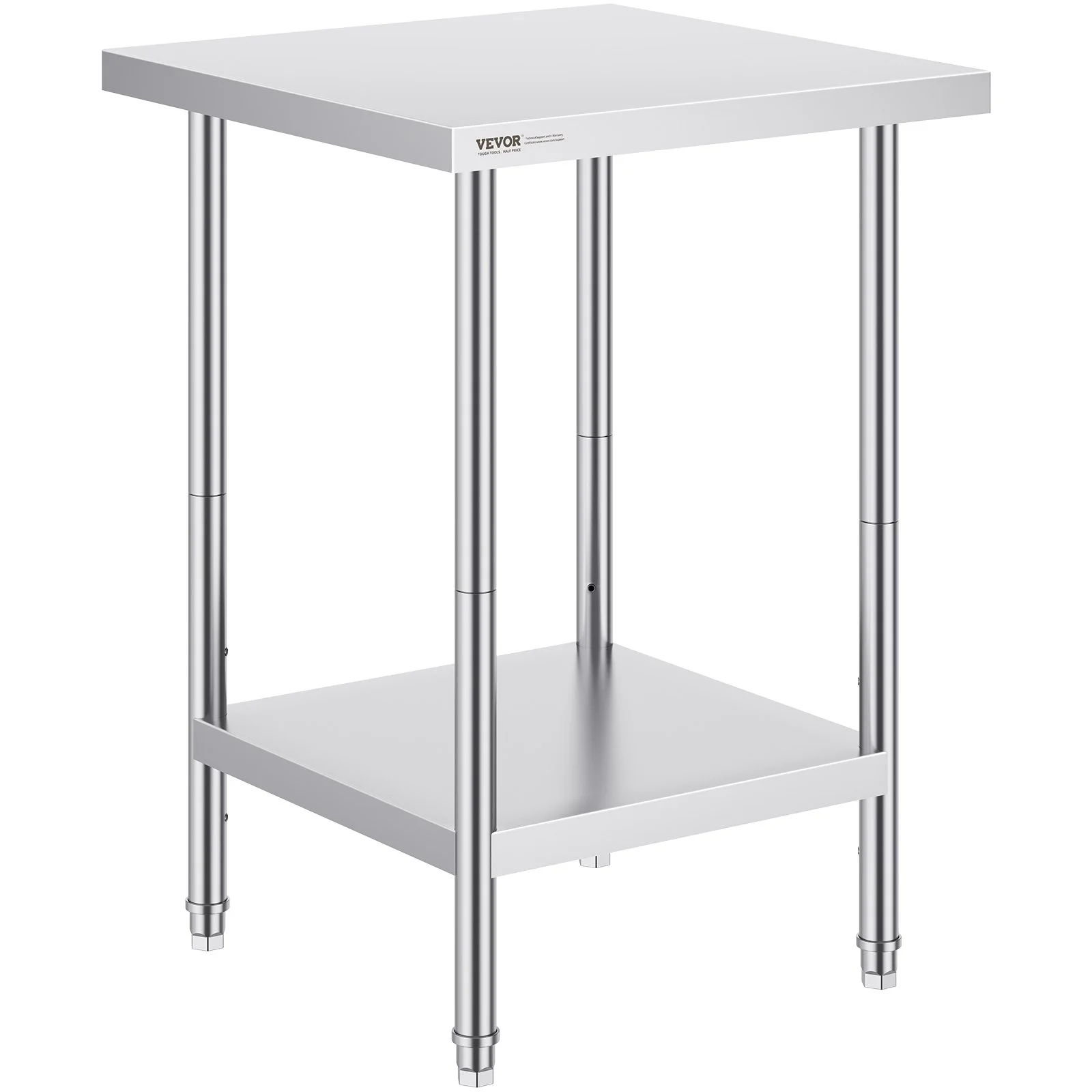 VEVOR Stainless Steel Prep Table, 24 x 24 x 34 Inch, Heavy Duty Metal Worktable with 3 Adjustable Height Levels, Commercial Workstation for Kitchen Garage Restaurant Backyard
