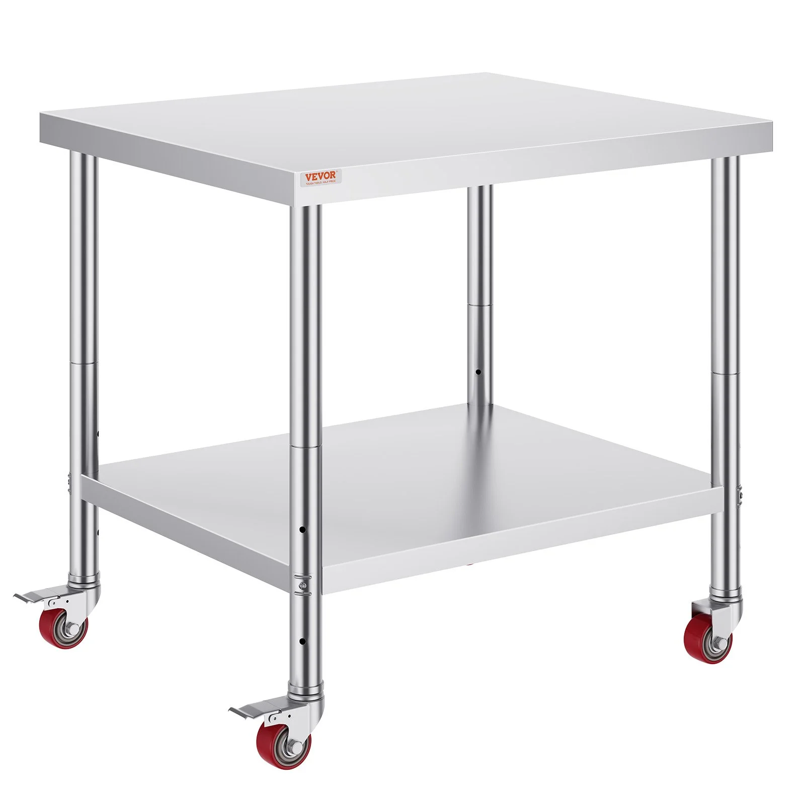 VEVOR 30x36x34 Inch Stainless Steel Work Table 3-Stage Adjustable Shelf with 4 Wheels Heavy Duty Commercial Food Prep Worktable with Brake for Kitchen Prep Work