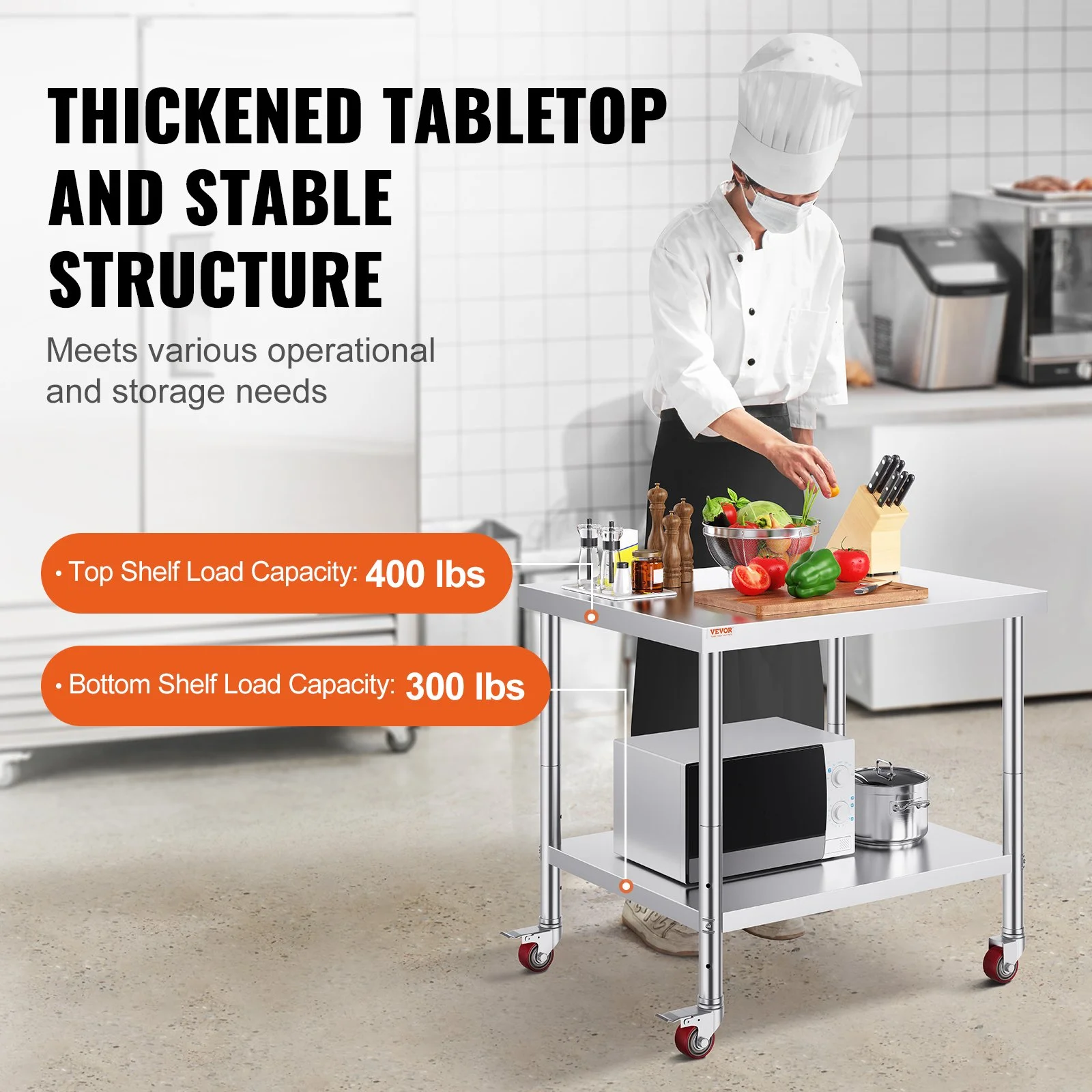 30x36x34 Inch Stainless Steel Work Table 3-Stage Adjustable Shelf with 4 Wheels Heavy Duty Commercial Food Prep Worktable with Brake for Kitchen Prep  thumbnail 3