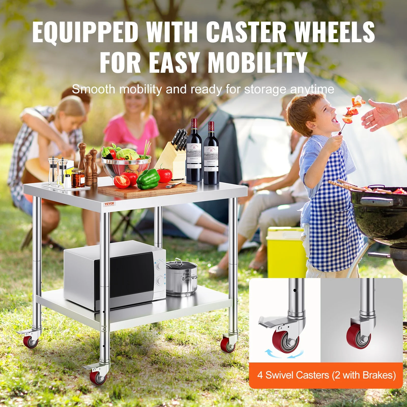 30x36x34 Inch Stainless Steel Work Table 3-Stage Adjustable Shelf with 4 Wheels Heavy Duty Commercial Food Prep Worktable with Brake for Kitchen Prep  thumbnail 4