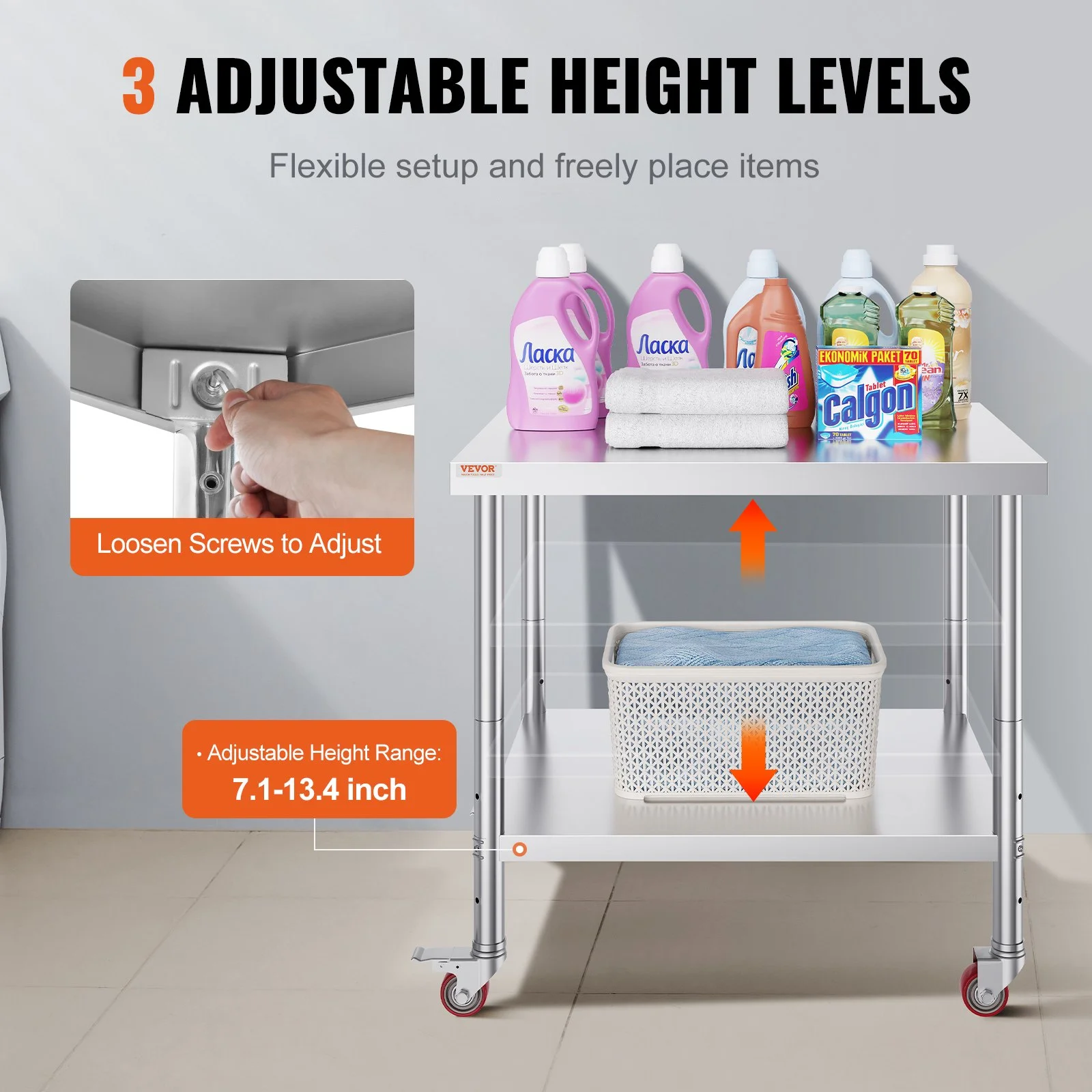 30x36x34 Inch Stainless Steel Work Table 3-Stage Adjustable Shelf with 4 Wheels Heavy Duty Commercial Food Prep Worktable with Brake for Kitchen Prep  thumbnail 5