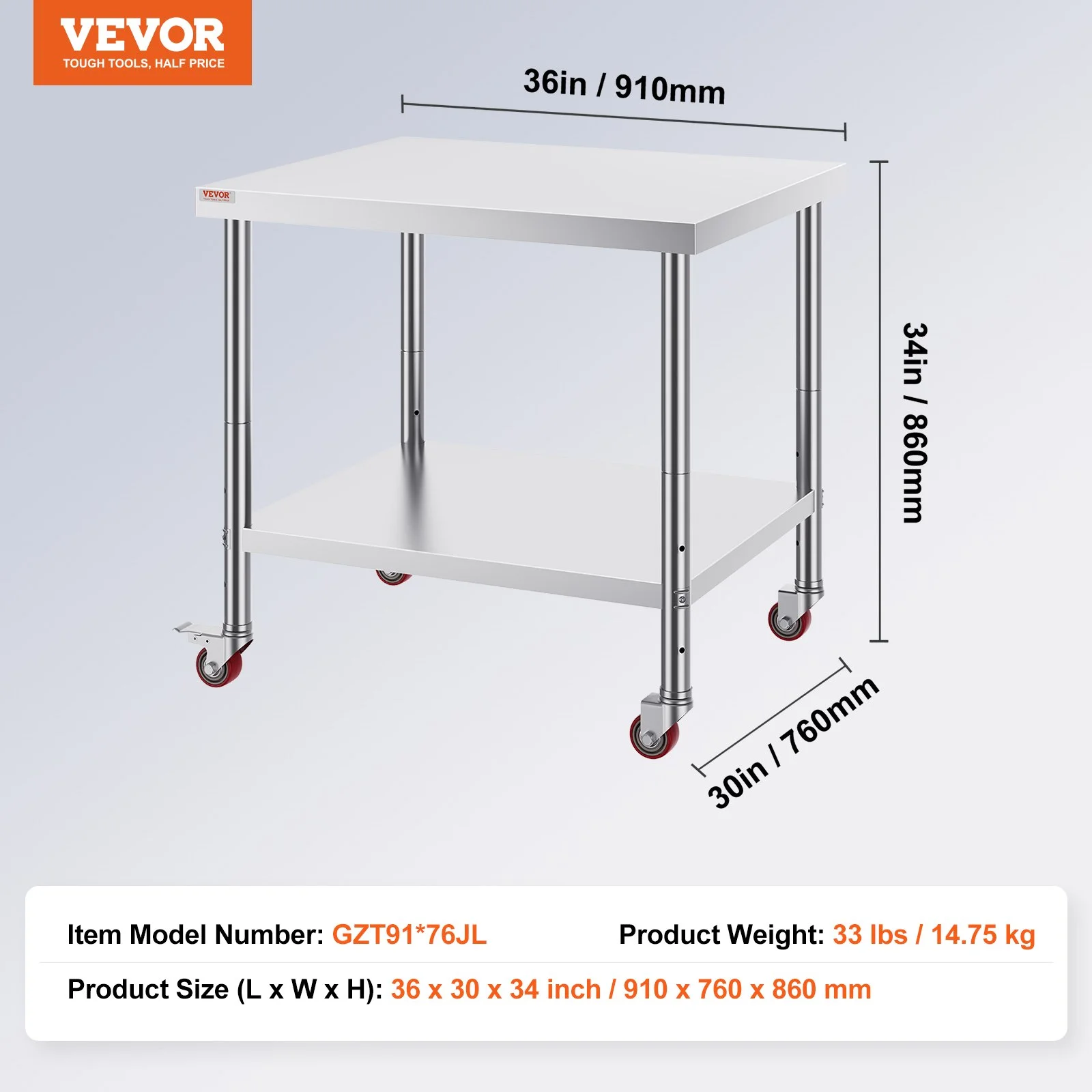 30x36x34 Inch Stainless Steel Work Table 3-Stage Adjustable Shelf with 4 Wheels Heavy Duty Commercial Food Prep Worktable with Brake for Kitchen Prep  thumbnail 7