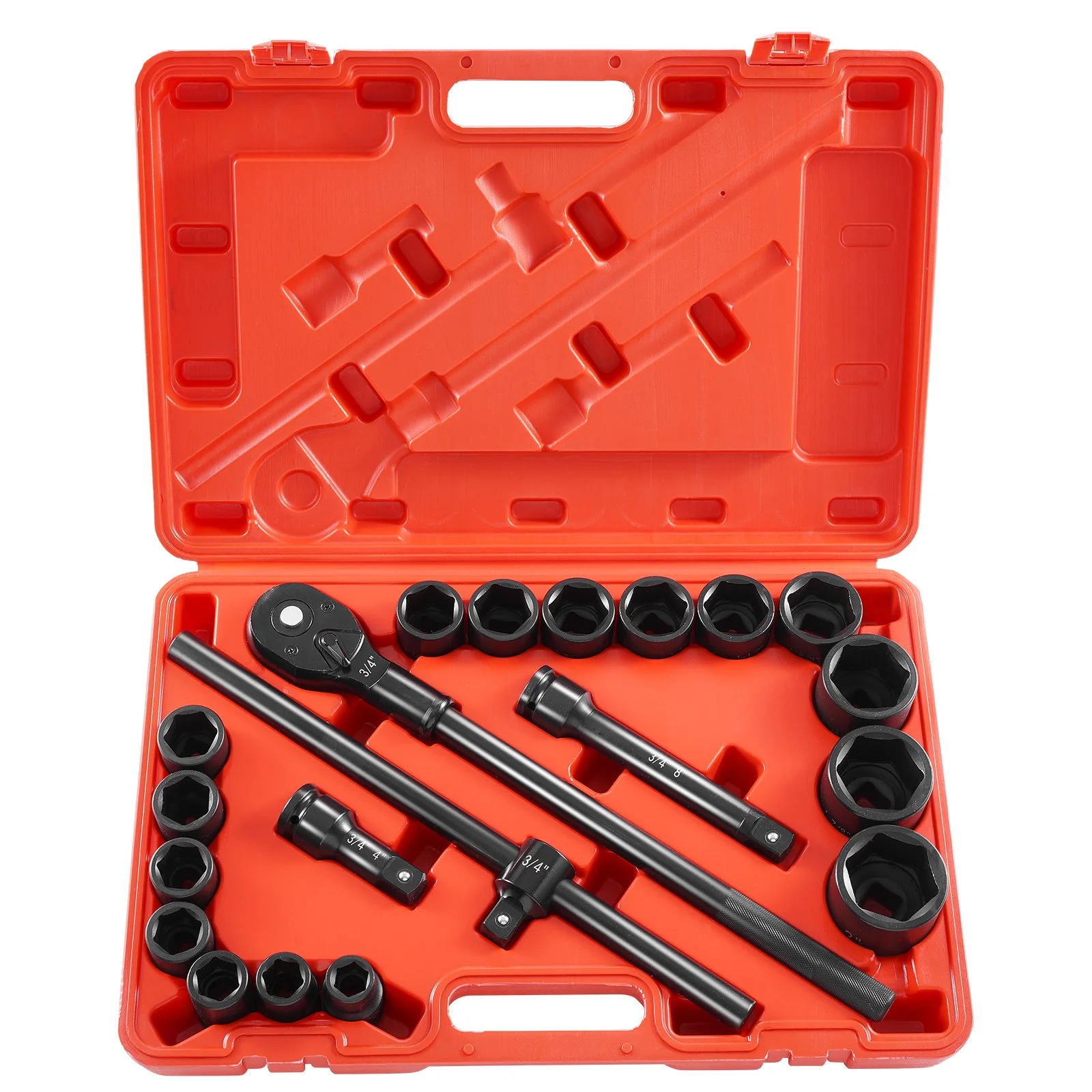 3/4 in Drive Impact Socket Set, 21 Pieces SAE 3/4 in to 2 in, 6 Point Cr-V Alloy Steel for Auto Repair, Easy-to-Read Size Markings, Includes Extension Bars, Ratchet Handle and Storage Case