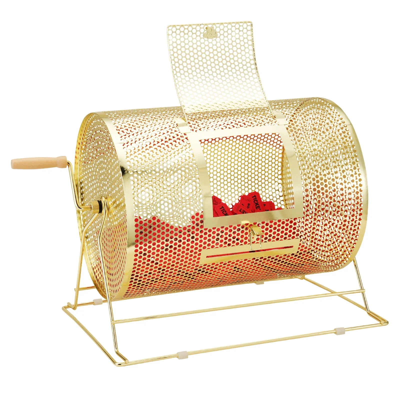 VEVOR Raffle Drum, 16.1 x Ø12 inch Brass Plated Raffle Ticket Spinning Cage, Holds 5000 Tickets or 200 Ping Pong Balls, Metal Lottery Spinning Drawing with Wooden Turning Handle, for Bingo Ballot Part